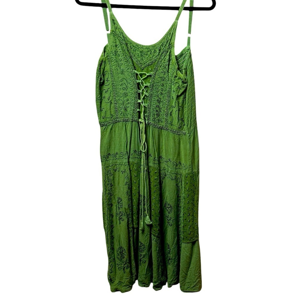 Lungta VTG Green Dress Corset Medieval Cottagecore Renaissance Embroidery SZ M